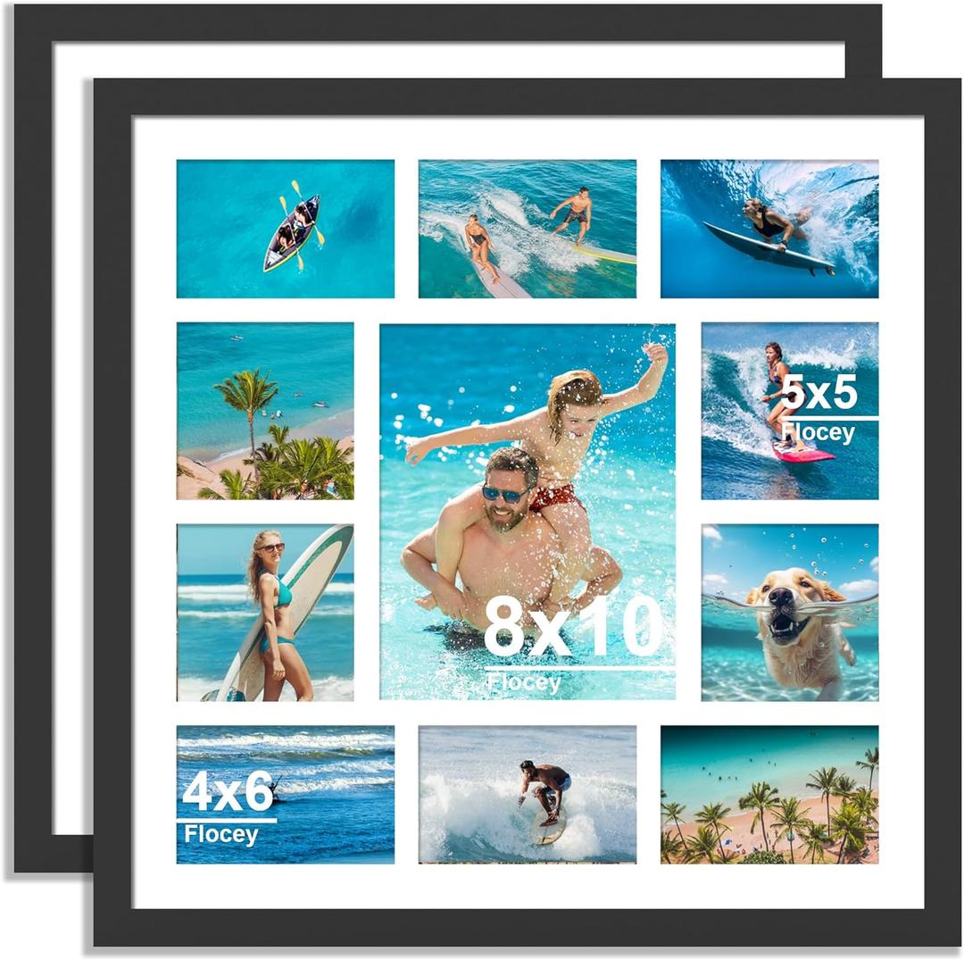 20x20 Collage Picture Frame with Tempered Glass - Photo Frame Collage Fit One 8x10, Four 5x5 and Six 4x6 Photos or Use as One 20x20 Frame, 2 Pack, Black