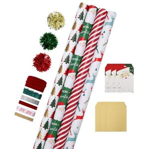 LaRibbons Christmas Wrapping Paper Sets, Reindeer & Santa & Candy Cane Stripes Design with Ribbons & Gift Tags & Metallic Pom Pom for Christmas, Holiday, 30Inch × 10Feet（ 4 Rolls: 100 Sq.Ft.Ttl）