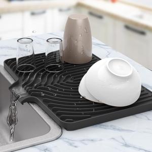 Silicone Drying Mat for Kitchen Counter , Dish Drying Rack Matt with Built in Drain, Small Dry Mats for Dishes Drying Pad for Kitchen Counter (1812inch Extra Raised, black)