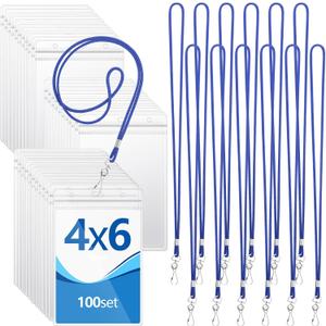 Chuangdi 100 Pcs Large 4 x 6 Inch Clear ID Badge Holder with Lanyard Waterproof Vertical Badge ID Card Holders Clear Plastic Tags Transparent PVC Pouch for Office (Blue Lanyard)