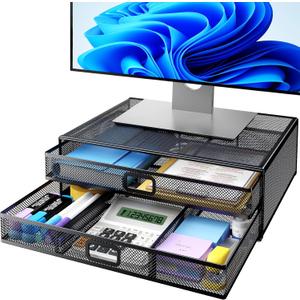 HUANUO 2 Tier Monitor Stand, Metal Monitor Riser with Drawer, Desk Organizer, Monitor Stand with Storage, Desktop Computer Stand for PC, Laptop, Printer (Black)