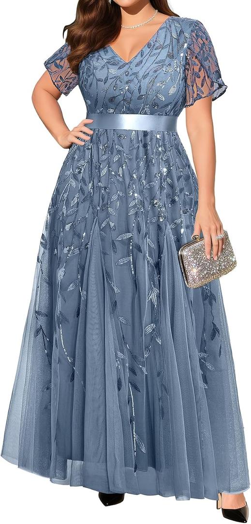Pinup Fashion Plus Size Formal Dresses - Evening Gowns Wedding Sequin Embroidery V-Neck Prom Long Dress, Size 18 W