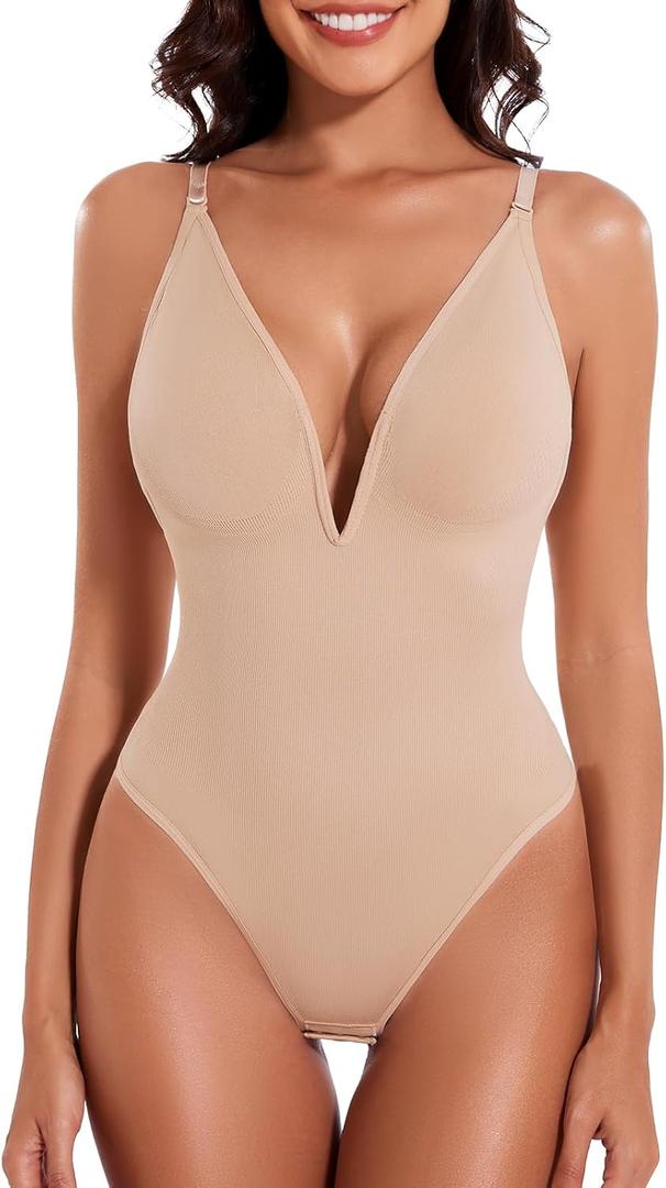 Deep V Backless Shapewear Bodysuit Tummy Control with Adjustable Straps for Women Seamless Body Shaper, Medium