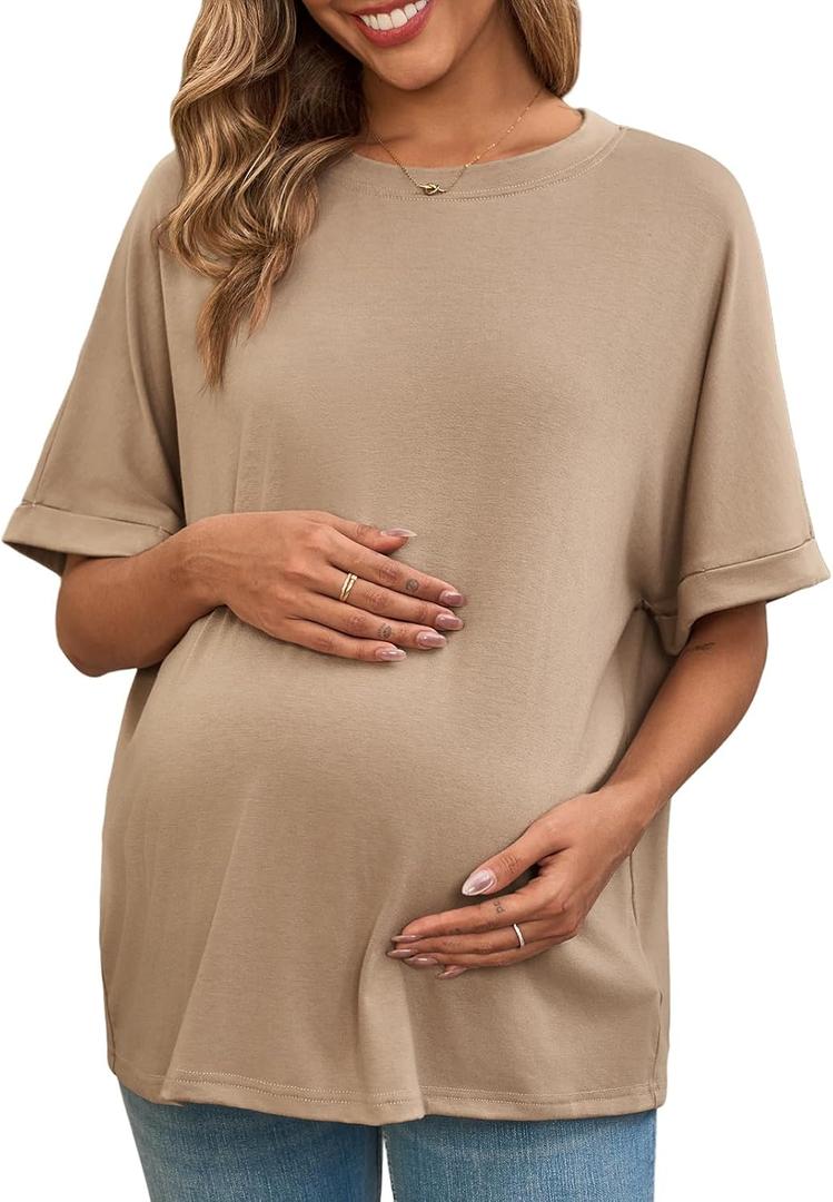 Tankaneo Womens Maternity T Shirts Oversized Short Sleeve Tunic Tops Casual Summer Loose Fit Crewneck Pregnancy Clothes (Large, Khaki)