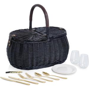 PICNIC TIME Evening Picnic Basket with Service for Two, Handwoven Sustainable Black Wicker Basket with Split-lid Design and Vegan Leather Details, Components Tucked In Lid for Bigger Space (Black)