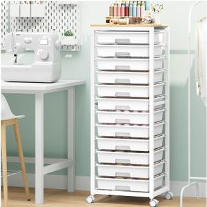 SYKIARIOL Rolling Cart with Drawers,12 Drawer Rolling Cart,Rolling storage cart with drawers,White Rolling Drawer Cart,Teacher Rolling Cart for Classroom Storage,Craft Cart with Wooden Tabletop