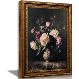 Vintage Gold Framed Flowers Wall Art Vintage Dark Moody Floral Painting Canvas Prints Moody Flowers Wall Decor Victorian Oil Painting Style Poster Print Artwork for Living Room Bedroom Home Decoration, 24"L x 16"W