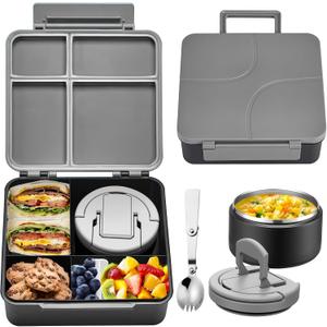 MAXSO Bento Lunch Box Set for Kids with 8 oz Soup Thermo, Leakproof Hot Food Container with 4 Compartments, Insulated Food Jar for Toddler Daycare Boys Girls School - Black
