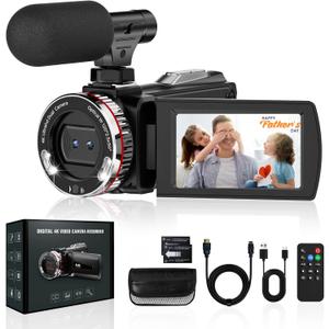 4K 60FPS Video Camera Camcorder with HDMI Cable, 48MP Vlogging Camera for YouTube, 21X Zoom Dual Lens Camera Recorder, Rotatable Screen Video Recorder with Mic, 2 Batteries