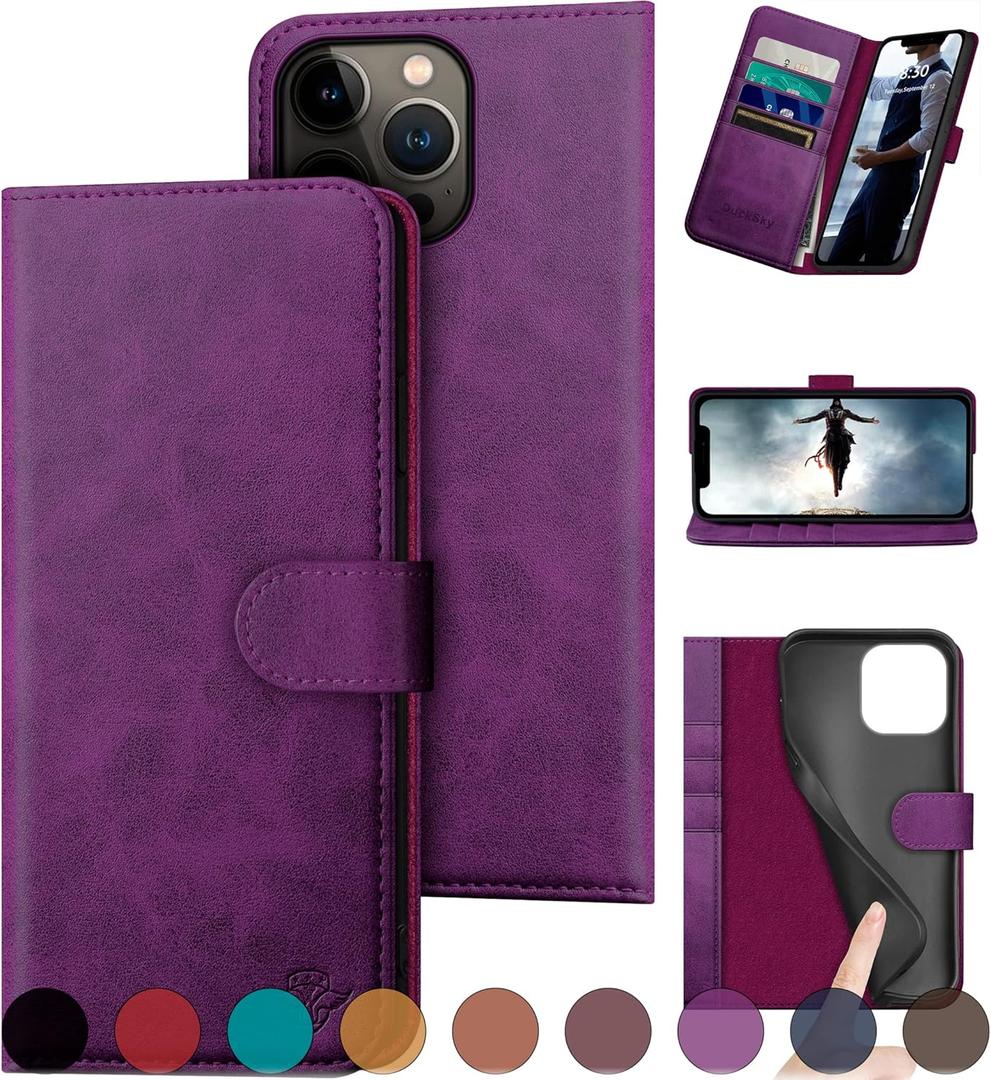 DuckSky for iPhone 15 Pro 6.1" Genuine Leather Wallet case 【RFID Blocking】【4 Credit Card Holder】【Real Leather】 Flip Folio Book Phone case Protective Cover Women Men for Apple 15 Pro case Purple