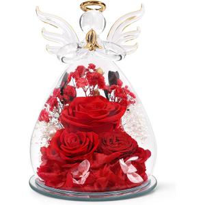 Preserved Rose in Glass Angel Figurine, Mothers Day Gifts for Mom/Wife/Grandma, Forever Flowers Rose Anniversary, Graduation or Birthday Gifts for Women Her