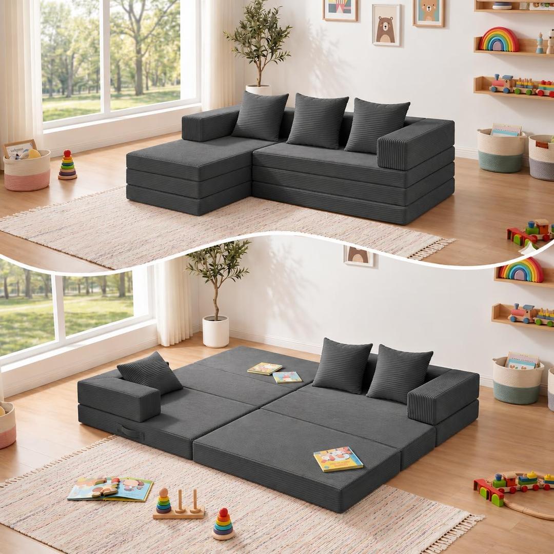 Boneless Couch Small, Convertible Sleeper Sofa Bed, Mini Modular Sectional Sofa, Tri-Folding Cloud Couch with L-Shape Chaise, Corduroy Futon Couch for Small Spaces, Bedrooms, Playrooms, No Assembly, 68"