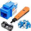 10Gbps Cat6 Keystone Jacks 25-Pack, RJ45 Keystone Jack, Ethernet Keystone Jack in Blue with Punch-Down Tool and Punch-Down Stand for Wall Plate