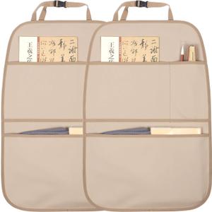 Kick Mat Back Seat Protector Waterproof Leather Car Seat Back Organizers Cover with 3 Storage Pockets for Kids Pets SUV Sedan Minivan Truck Car Travel Accessories (Beige 2-Pack)