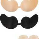 Adhesive Bra 2 Pairs Sticky Strapless Invisible Push up Bra with Nipple Covers for Backless Dresses (Black and Nude, E)