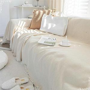 Sofa Cover Outdoor, Creamy White Solid Color with Tassel Furniture Protector Sofa Cover, Chenille, 71" W x 118" L