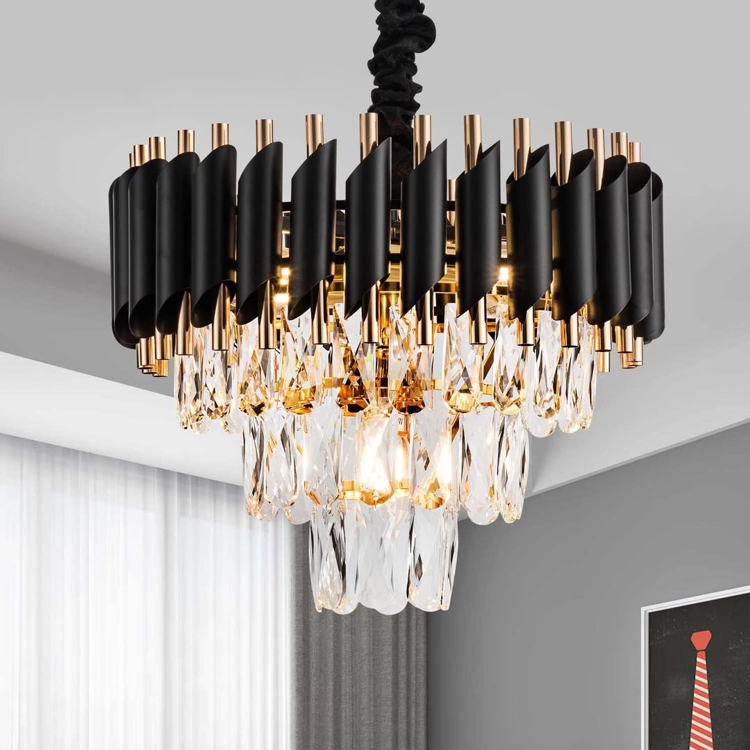 15" 5-Light Modern Crystal Chandelier Light Fixtures 3-Tier Black Gold Luxury Chandeliers for Dining Room Round Hanging Pendant Lighting for Living Room Kitchen Entryway Bedroom Hallway (D 15", 5-Light, BlackGold, 3-Tier)