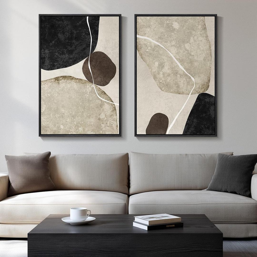 Large Framed Neutral Abstract Wall Art Set of 2, Modern Black Beige Brown Canvas Prints Paintings Artwork for Walls, Minimalist Stone Shape Pictures for Living Room Dining Bedroom Wall Decor 24x36 In, 24" W X 36" H X 2pcs