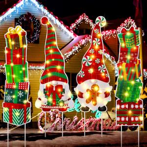 Bencailor 4Pcs Christmas Outdoor Yard Decorations Christmas Yard Signs with Stakes Xmas Gnome Nutcracker Decoration with LED Light for Outdoor Lawn Garden Decoration Party Favor Supplies(Gnome)