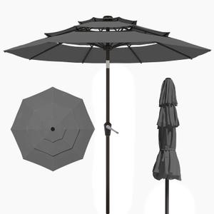 10FT Patio Umbrella 3 Tiers Outdoor Market Umbrella w/Push Button Tilt, Crank, UV and Waterproof Table Umbrella for Garden, Pool, Backyard, Deck, Lawn, Grey