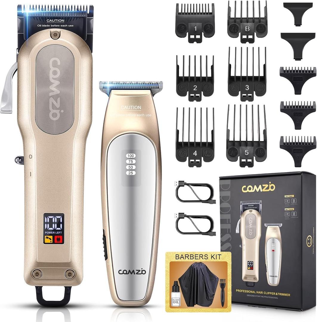 COMZIO Professional Hair Clippers for Men, Professional Barber Clippers and Trimmers Set, Mens Cordless Hair Clippers for Barbers Haircut, Mens Grooming Kit Fade with LED Display 9 Guide Combs