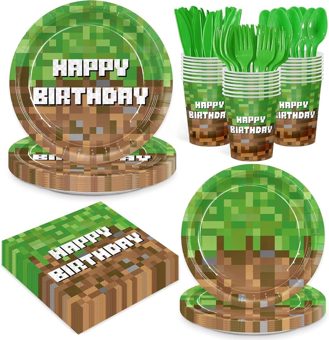 168pcs Green Birthday Party Decorations Green Plates Napkins Party Supplies Disposable Paper Cups Tableware Set for Boys Kid Teen Birthday Decor Serves 24