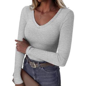 GKBK Women Long Sleeve V Neck Ribbed Knit Slim Fitted Shirts Basic Tee Cute Tshirts Going Out Tops 2025 Fall Winter Casual T Shirts Blouse Outfits Work Fashion Trendy Clothe Grey S