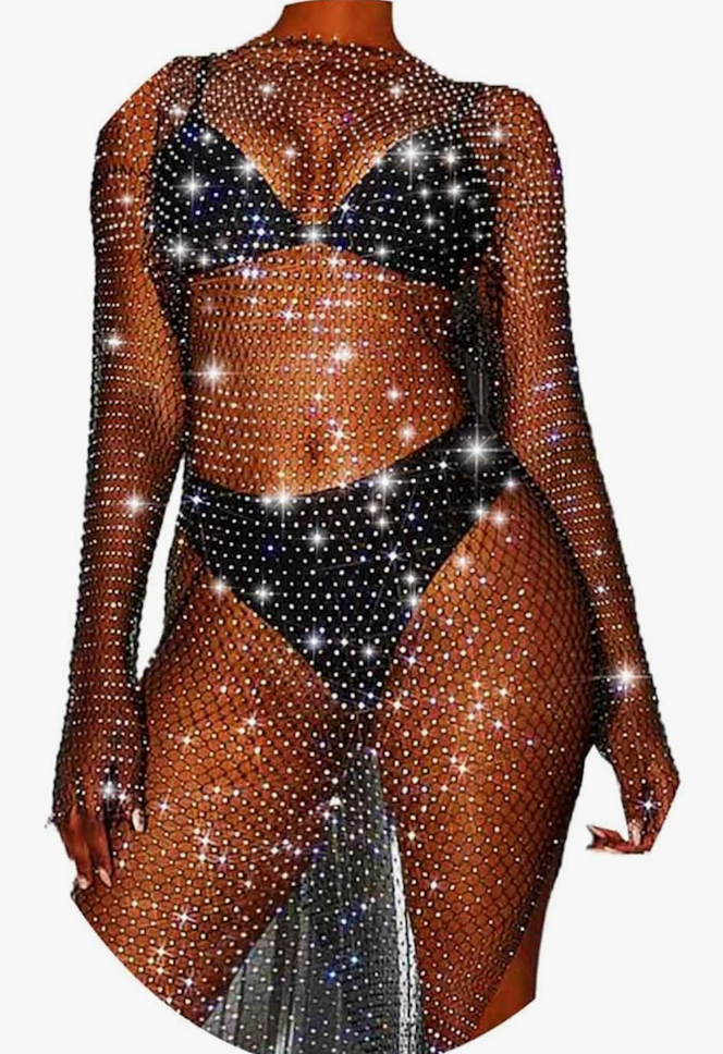 Fstrend Women Rhinestone Mesh Dress Black Sparkly Crystal Cover Up Long sleeves Skirts Concert Rave Fishnet Outfits, One Size