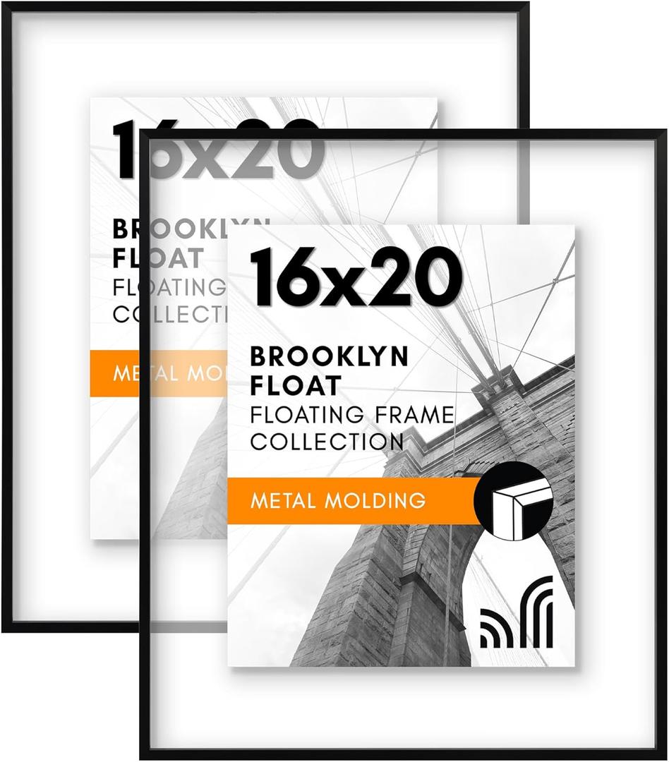 Americanflat Aluminum 16x20 Floating Picture Frame with Shatter-Resistant Glass - Set of 2 - Use as 11x14 Frame or Display 16x20 Photo - Signature Float Collection - Photo Frames for Wall - Black