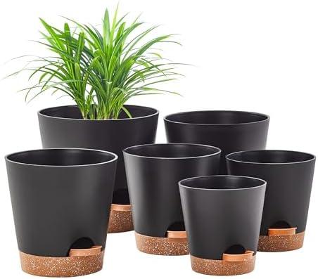 FaithLand 5Pack Black Self Watering Planter Pots for Indoor Outdoor Plants - 8, 7, 6.5, 6, 5.5, Inches Flower Pots