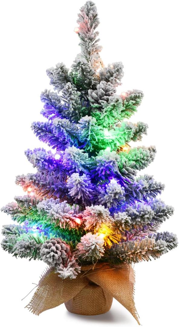 2ft Tabletop Mini Christmas Tree, Pre-lit Artificial Little Christmas Tree with 4 Colors Lights, Small Christmas Tree White Pine Cone Ornaments Burlap Base for Christmas Home Indoor Decorations