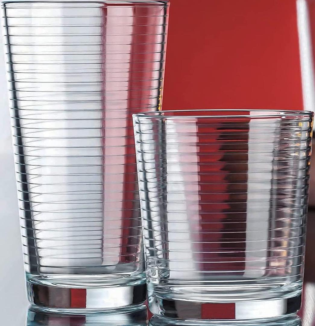 Le'raze Set of 16 Heavy Base Ribbed Durable Clear Drinking Glass Cups, 16 Piece Set