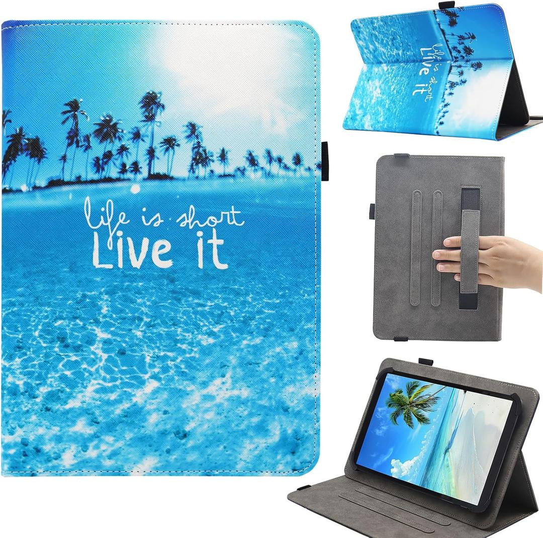 Universal 10 10.1 11 Inch Android Tablet Case, Dluggs Multi-Angle Viewing Stand Case Cover with Hand Strap for 9.5-11 Inch Tablet, Beach