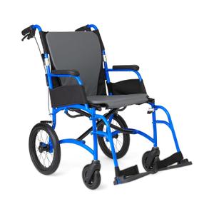 Medline Ultralight Transport Chair, Lightweight Folding Wheelchair with 12 in Rear Wheels, Padded Armrests, Swing Away Footrests, Safety Seat Belt, 300 lb Capacity, Blue, 1 Count