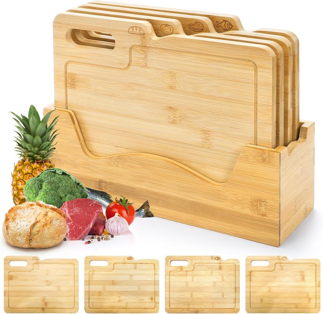 ZENFUN 4 Pack 12.5"L x 9.8"W Bamboo Cutting Boards with Holder, Wood Cutting Board Set, Chopping Boards Set with Food Icons, Kitchen Cutting Board Ideal for Meat, Fish, Bread, Vegetable, Fruit
