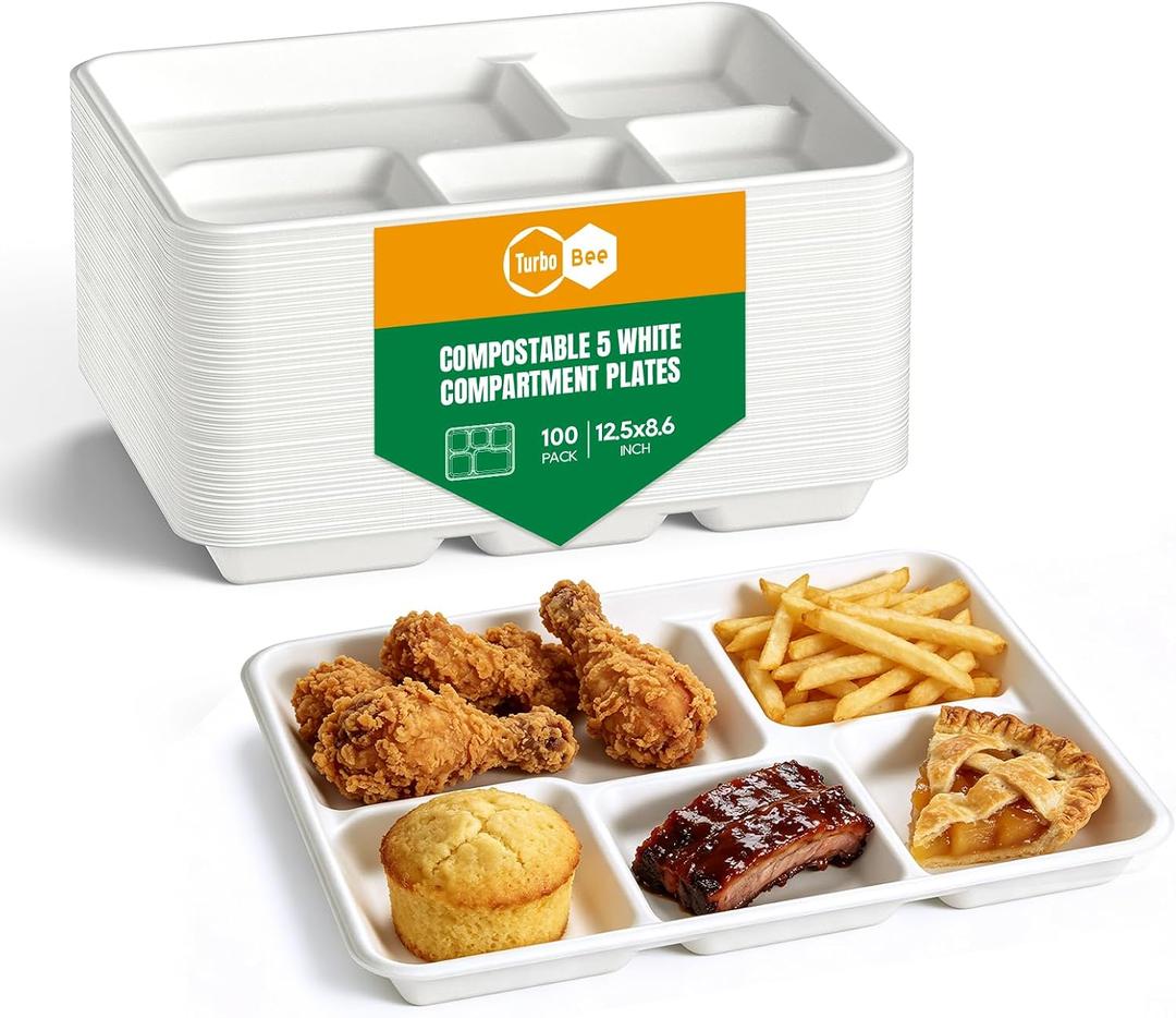 Turbo Bee Disposable 5 Compartment Plates, 100Pack Bagasse Divided Paper Trays, Heavy Duty Serving Plates for School Lunch, Meal Prep, Picnic and Buffet