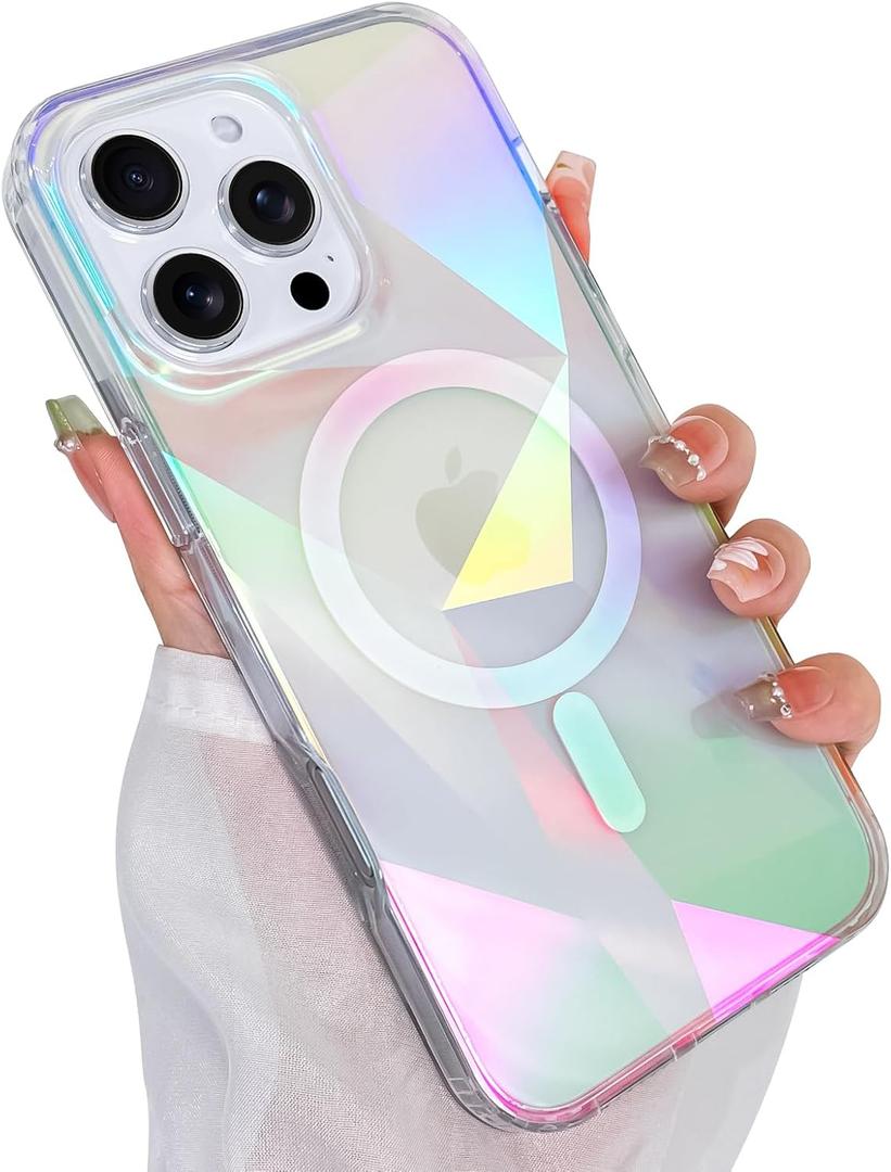 Cute Case for iPhone 16 Pro Max Case for Women Girls [ Compatible with Magsafe ] Clear Glitter Girly Aesthetic Rainbow Sparkly Bling Magnetic Phone Cover, Iridescent Geometry