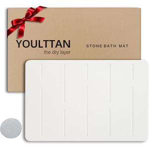 Stone Bath Mat 24"x16" - Diatomaceous Earth Shower Mat, Quick Dry, Anti-Slip, Modern Design with Bonus Non-Slip Pad - Perfect for Home Safety and Style,White,Straight