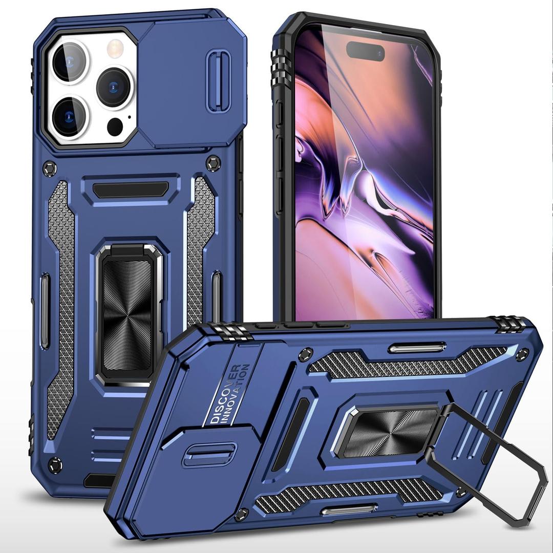 Fetrim Case for iPhone 16 Pro Max -(Blue)| Sliding Camera Cover, with Rotation Round Stand