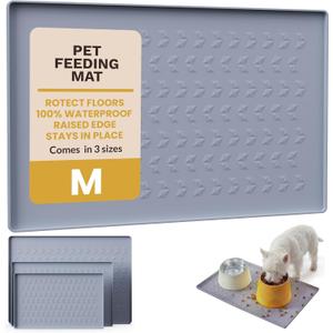 Silicone Pet Feeding Mat - 100% Waterproof Dog & Cat Bowl Pad with Raised Edges - Protects Floors from Messy Eaters & Spills - Anti-Slip, 100% PET-Safe, Dishwasher Safe (Grey 22" x 14")