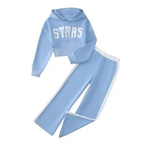 YOURUIKEY Girls Fall Winter Outfits Crop Top Sweatshirt Loose Sweatpants Clothing Set Kid Blue Sweatsuits Cute Clothes for Girls Size 9