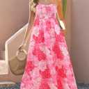 Gardenwed Women's Floral Print Maxi Dress,Spaghetti Strap Smocked Bodice A-Line Sundress with Pockets (Pink, M)