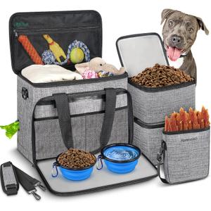 6 Set Dog Travel Bag, Large Pet Travel Kit for Supplies Includes 2 Food Containers, 1 Travel Organizer for Dogs, 2 Collapsible Bowls, 1 Treat Pouch, Dog Weekend Overnight Travel Bag Luggage (Grey)