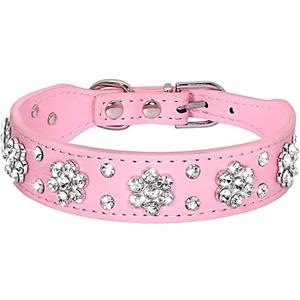Serijoars Rhinestone Dog Collar, Cute Flower Rhinestone Bling Collar PU Leather Adjustable Sizes XS Small Medium (2FT, Pink)