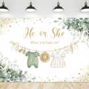 Riyidecor Green Gender Reveal Backdrop He or She What Will Baby Be 7Wx5H Feet Boho Sage Eucalyptus Watercolor Leaves Gold Dots Photography Background Baby Shower Photo Studio Shoot Polyester Fabric (7Wx5H, Sage Green Gender Reveal)