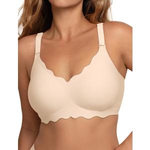 COMFELIE Seamless Wireless T-Shirt Bra for Women, Full Coverage No Underwire with Deep V Neck, U-Back & Lace Trim, M 