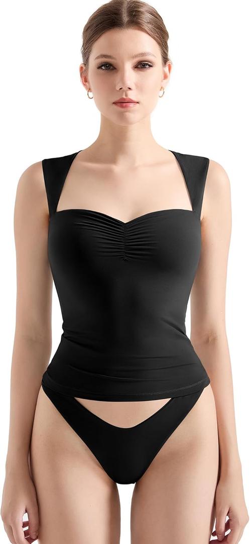 SUUKSESS Women Sweetheart V Neck Backless Tank Tops Double Lined Going Out Crop Tops (Medium, Black)