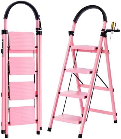 Sturdy Carbon Steel 4-Step Folding Ladder with Convenient Tool Holder, Anti-Slip Wide Pedals for Enhanced Safety -330lbs Capacity Stepladder for Home, Lightweight Portable Ideal for Home, Garage-Pink