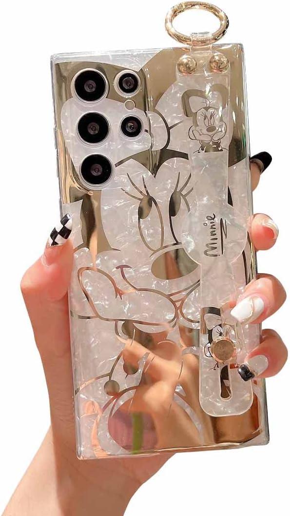 for Samsung Galaxy S22 Ultra Case 6.8" Sparkle Bling with Strap Stand Cute Pattern IMD Plating Design Silicone Shockproof Protective Glitter Cases Cover for Girls and Women - Minnie