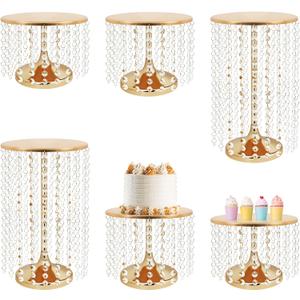 Crystal Gold Cake Stands Set of 6 pcs Round Metal Dessert Cake Holders with Elegant Pendant, Cake Stands for Party, Anniversary (Gold)